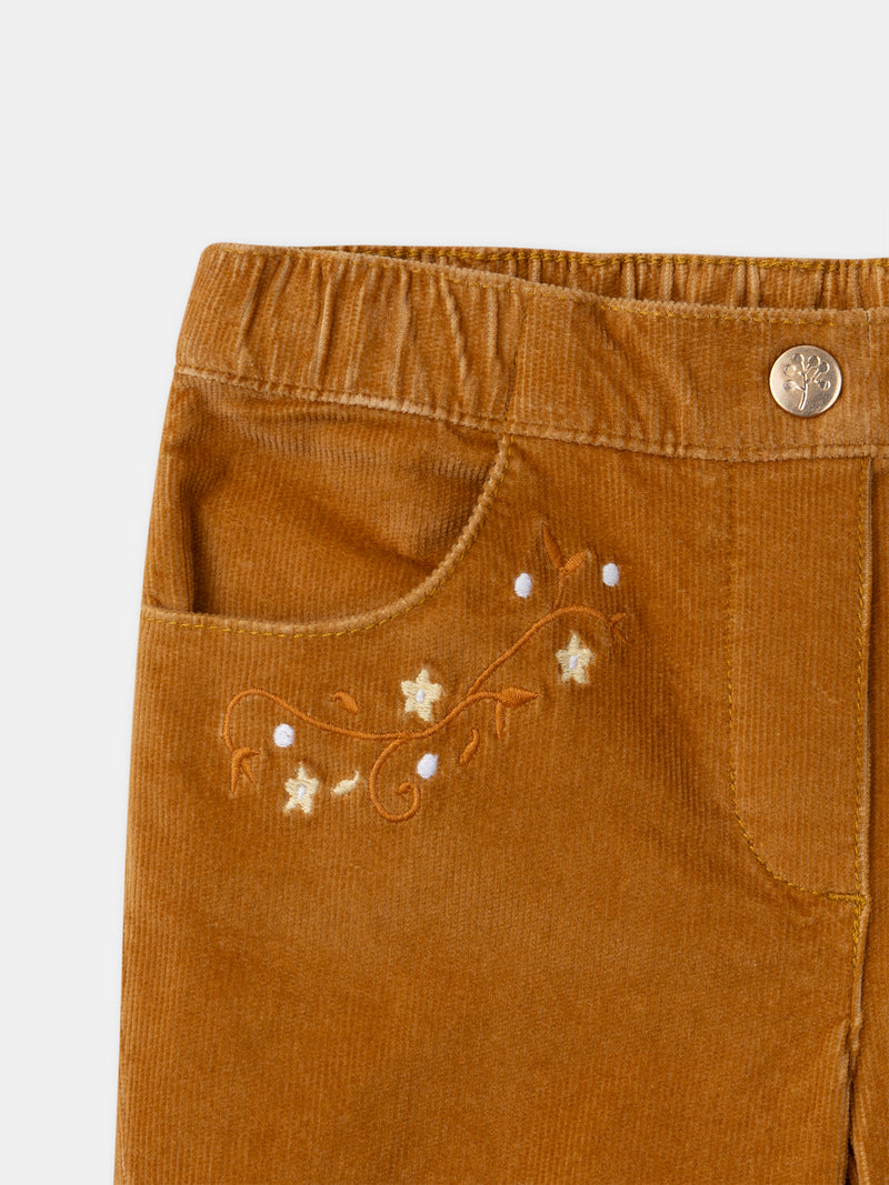 Pantaloni in velluto marrone con ricami floreali per ragazze