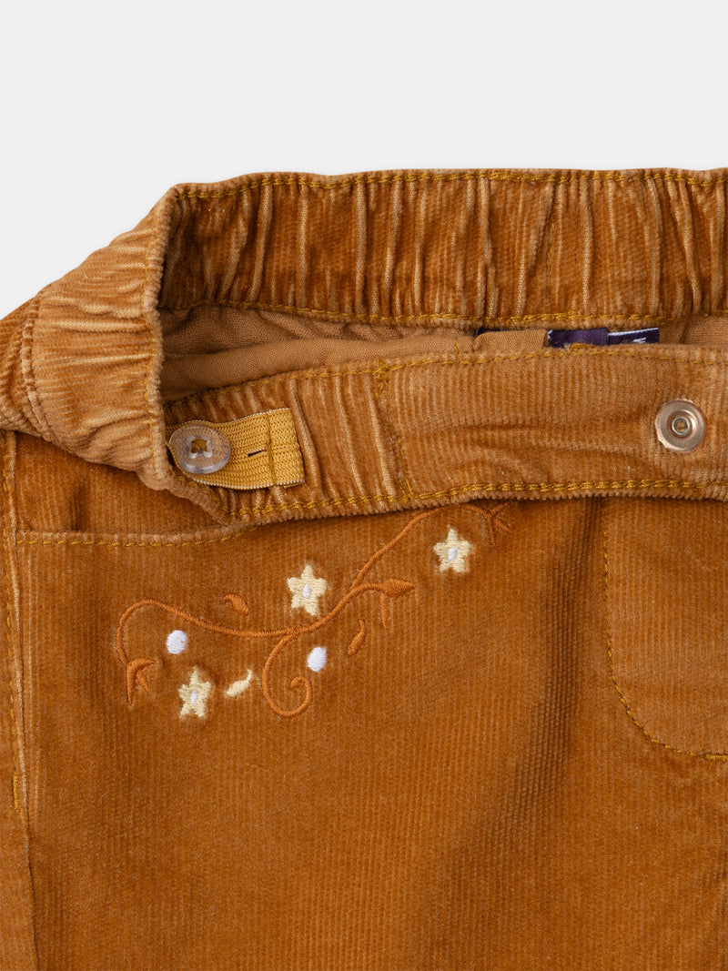 Pantaloni in velluto marrone con ricami floreali per ragazze