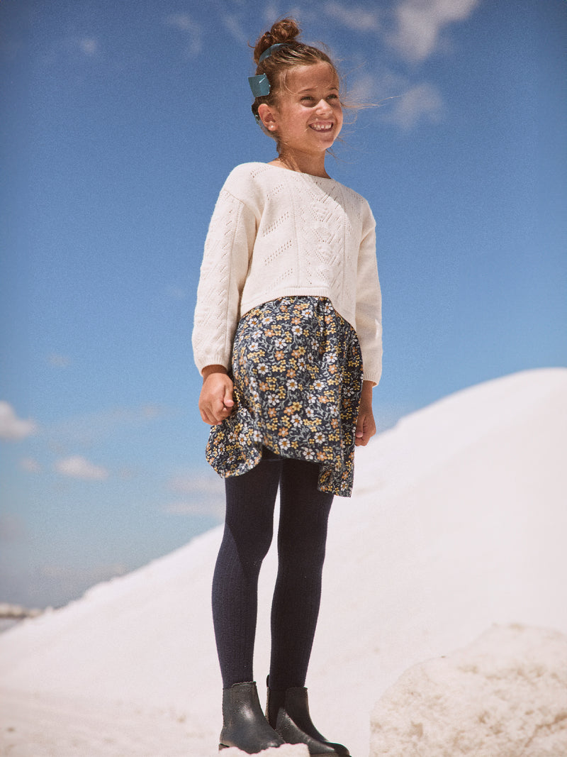 Vestito bicolore ecru con gonna stampata a fiori per ragazze