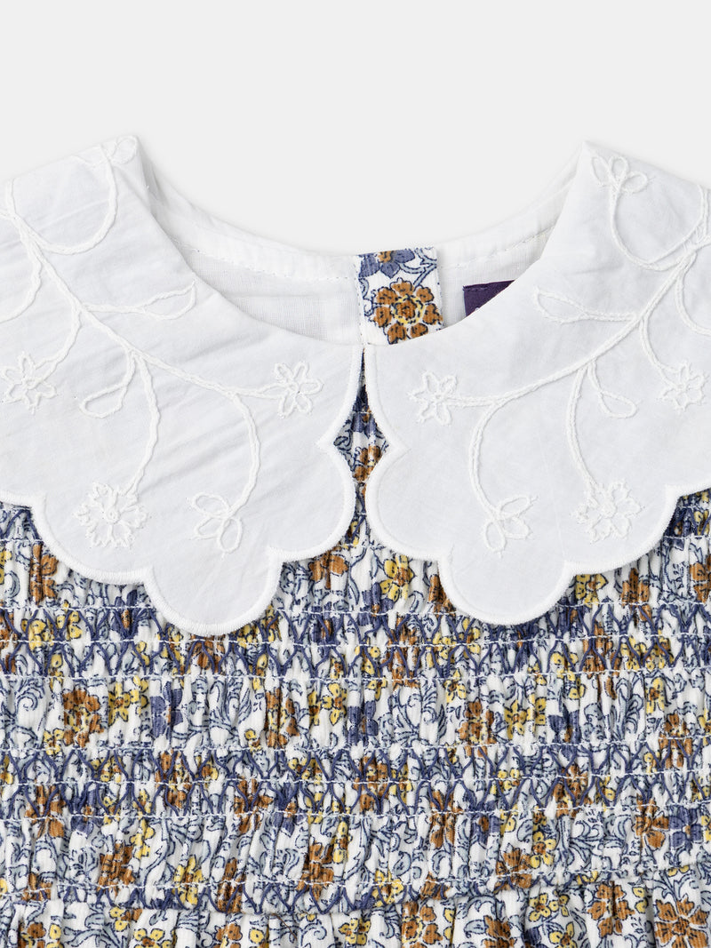 Abito stampato floreale con colletto a petalo bianco per ragazze