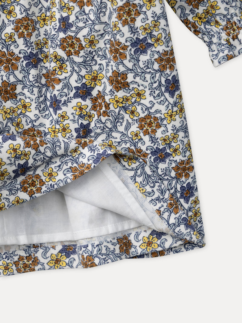 Abito stampato floreale con colletto a petalo bianco per ragazze