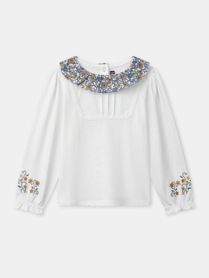 T-shirt bianca a maniche lunghe con colletto floreale per ragazze