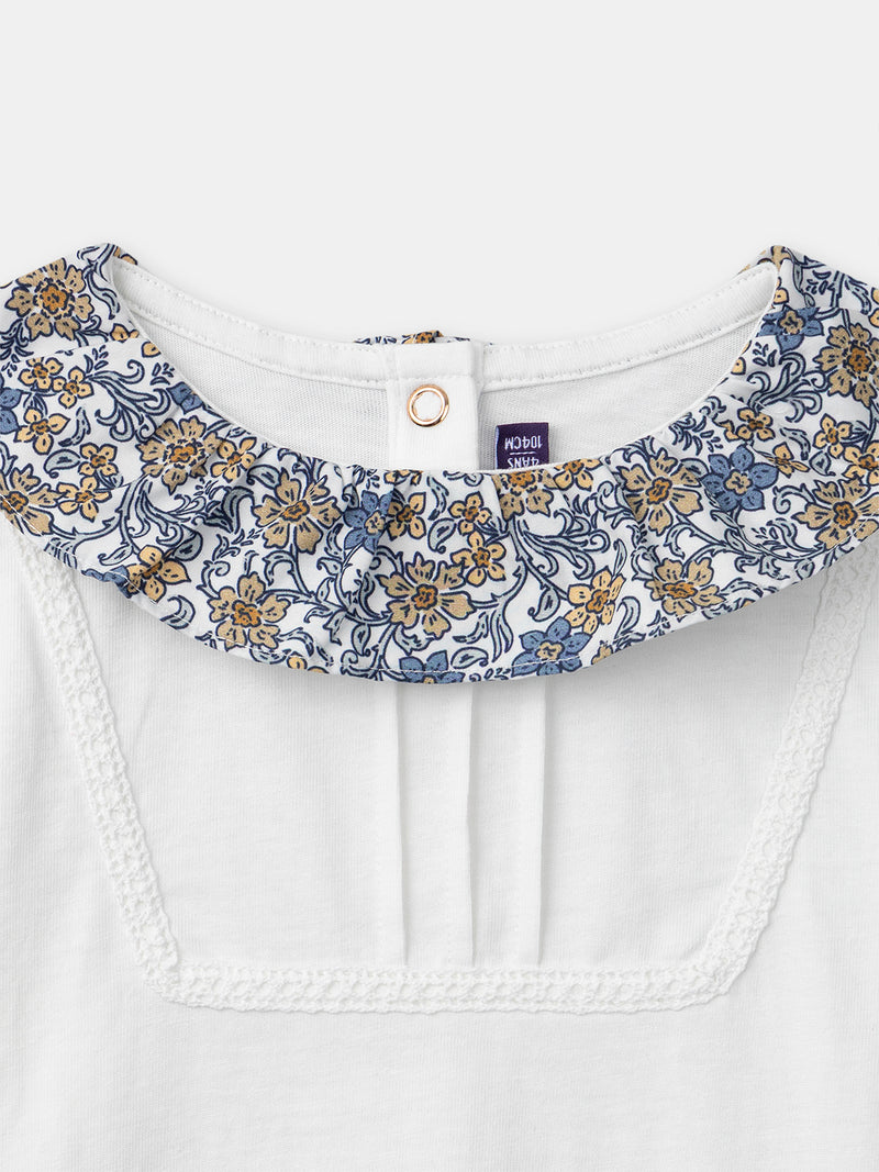 T-shirt bianca a maniche lunghe con colletto floreale per ragazze