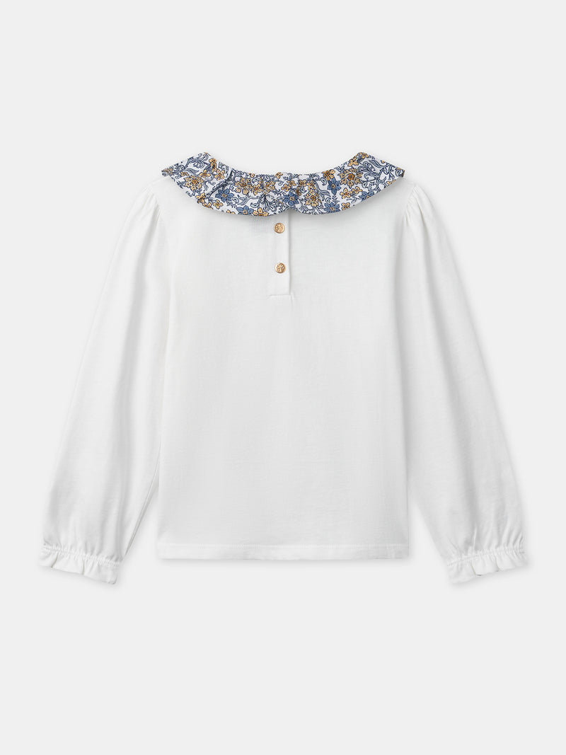 T-shirt bianca a maniche lunghe con colletto floreale per ragazze