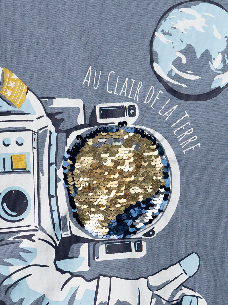 T-shirt grigio a maniche lunghe con stampa di astronauta per ragazzi