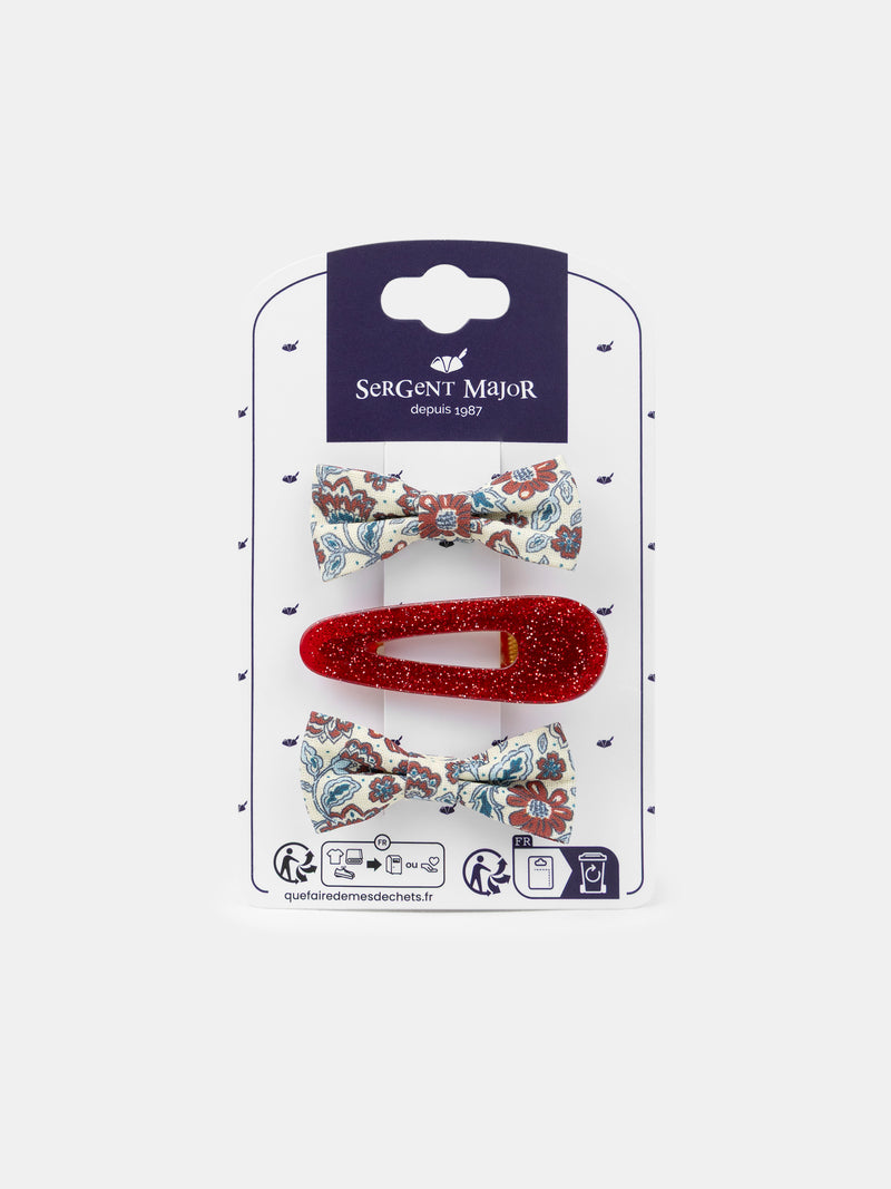 3 fermagli ecru con stampa floreale o rossi glitter per ragazze