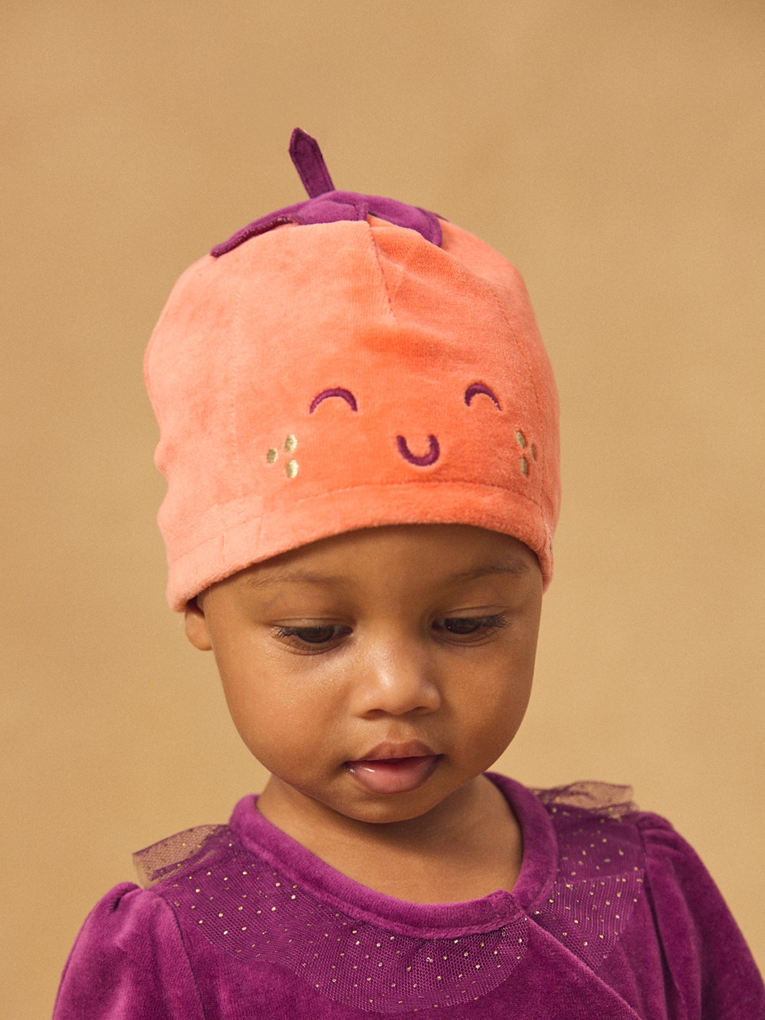 Tutina viola in velluto + Cappello di zucca per Bambina
