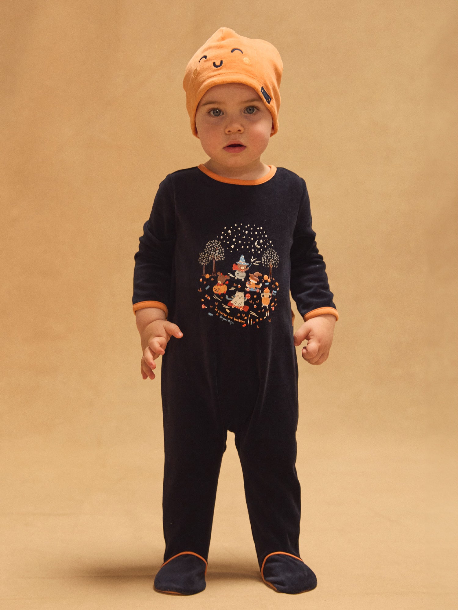 Tutina blu navy in velluto + Cappello di zucca per Bambino