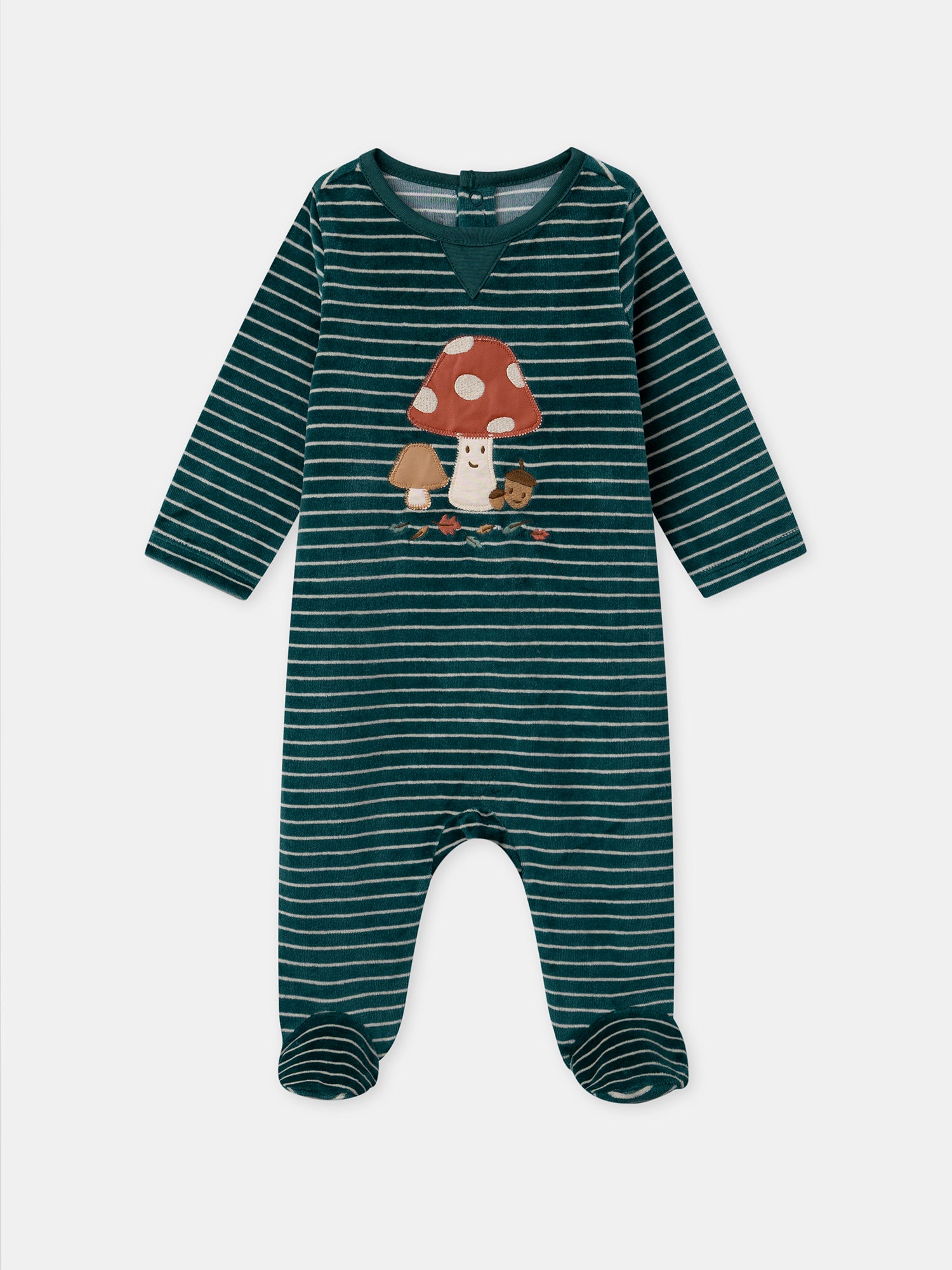 Pigiama verde in velluto a righe con ricami di funghi per Bambino
