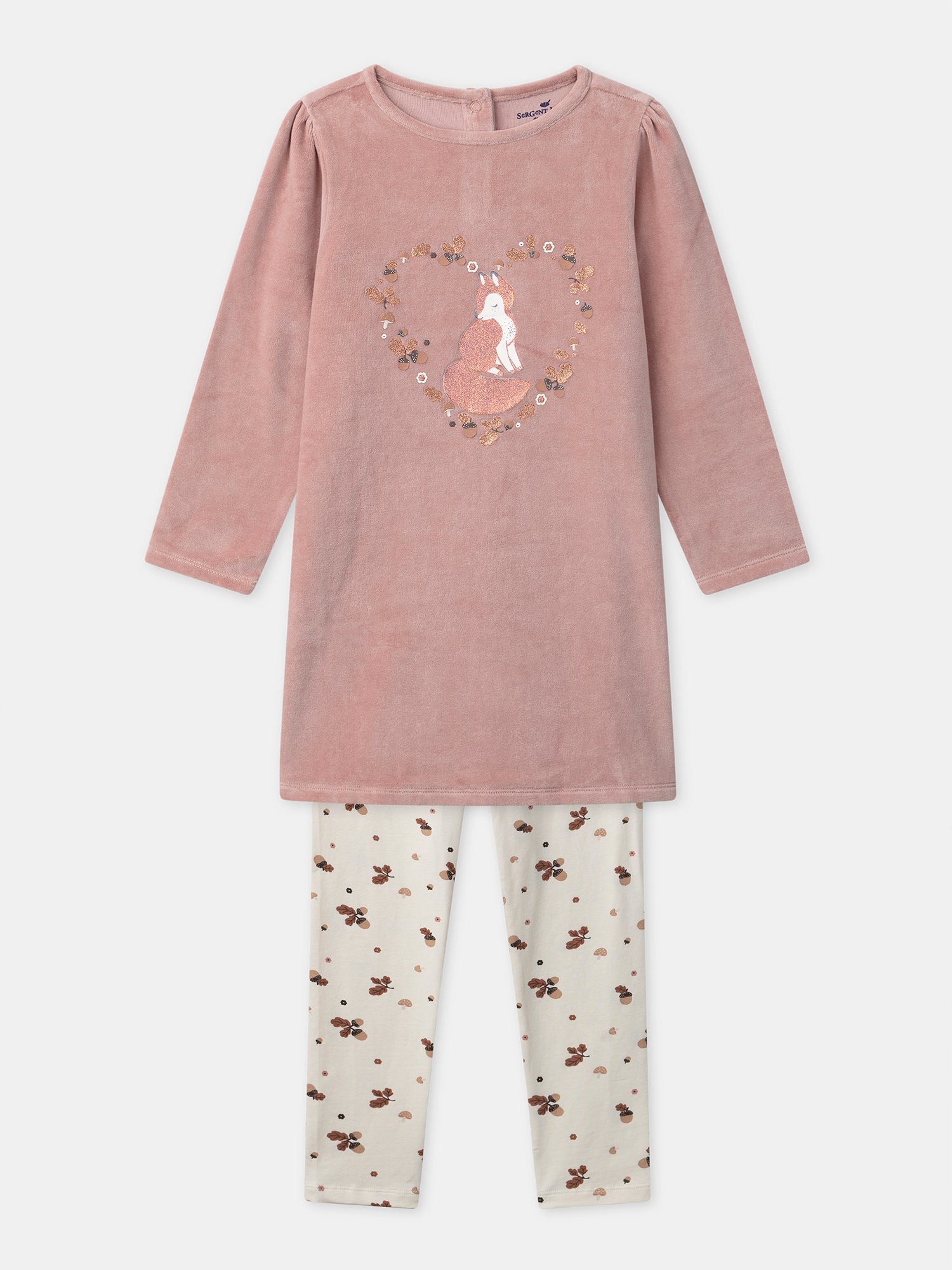 Camicia da notte rosa in velluto con stampa di volpe e ghianda per ragazze