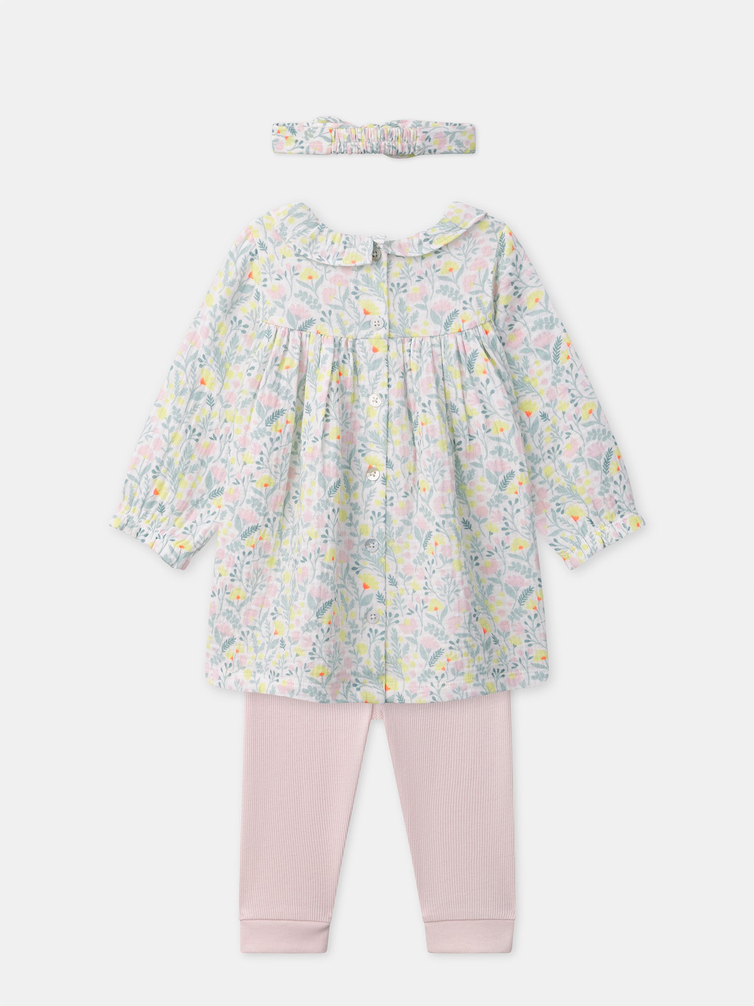 Ensemble robe imprimé fleuri + legging rose + bandeau Naissance Fille