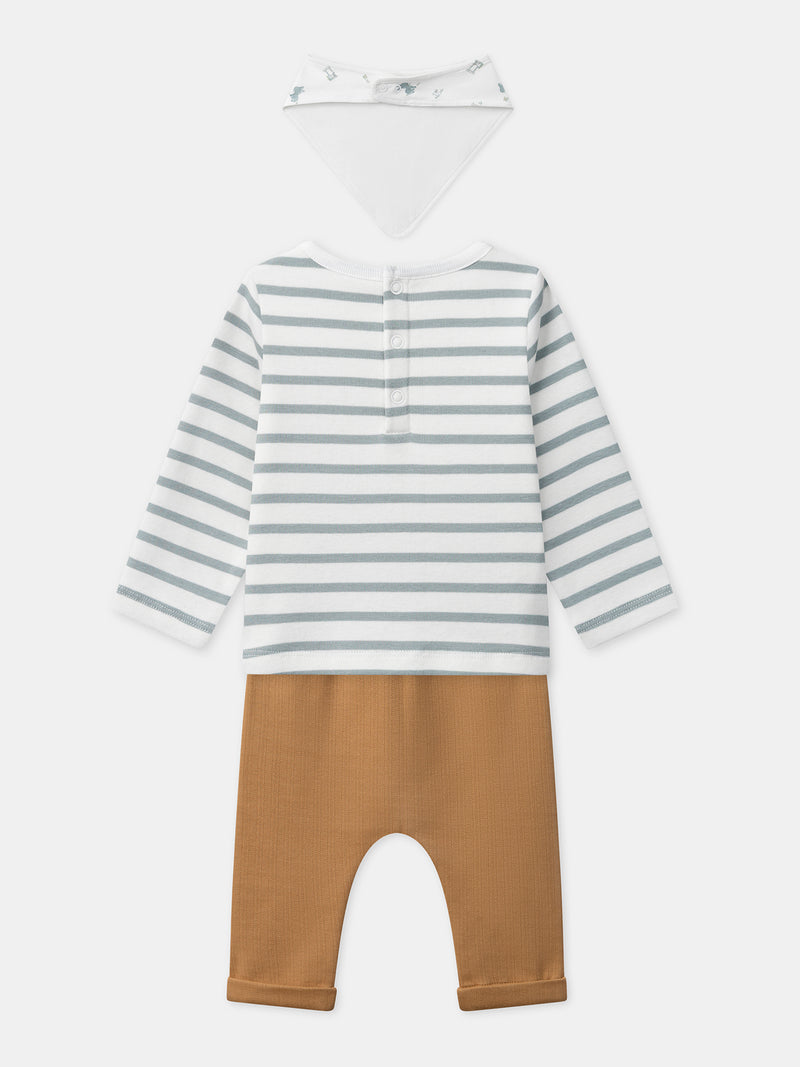 Completo a righe + pantaloni marroni + bavaglino per neonato maschio