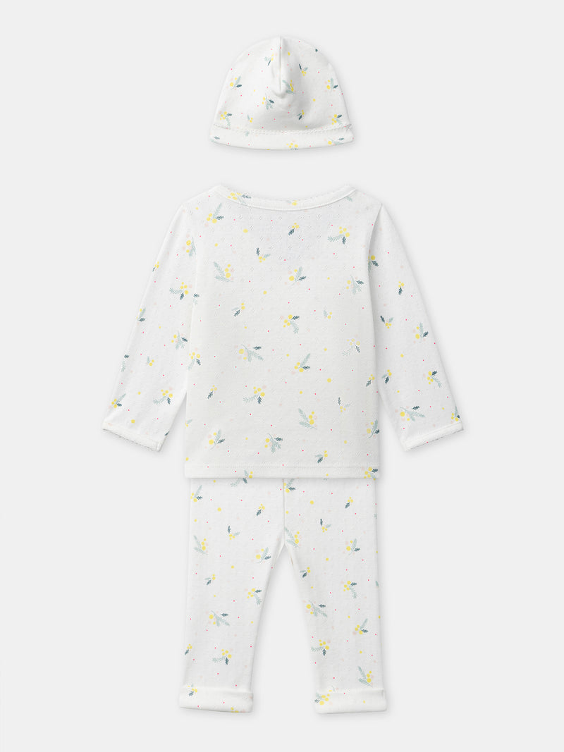 Set top + pantaloni + berretto con stampa foglia per neonata