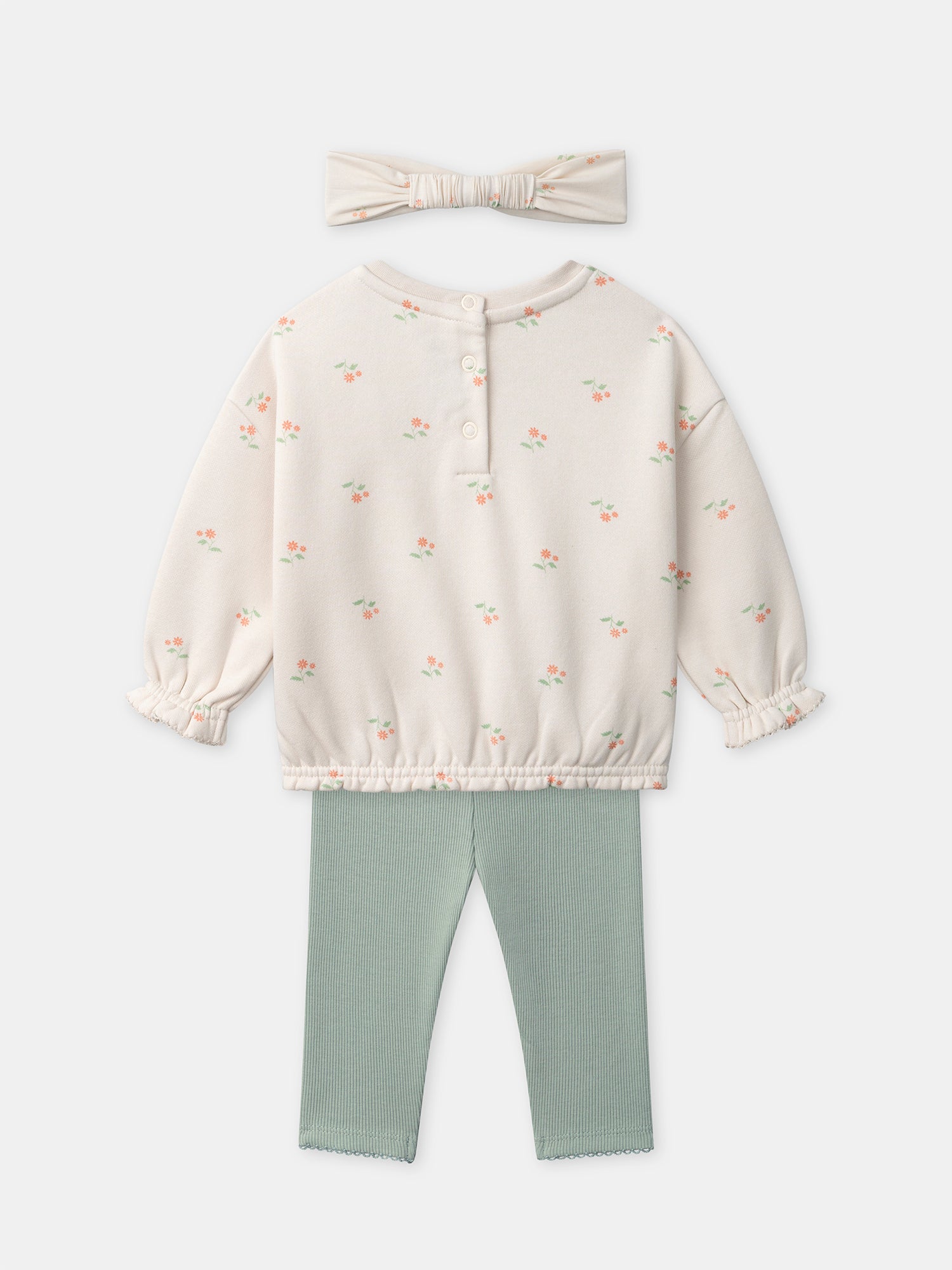 Set di felpa écru + leggings verdi + fascia per bambina