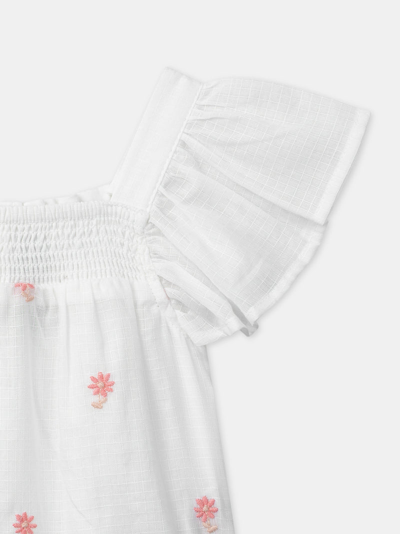 Blusa Ecru con Ricami di Fiori per Bambina