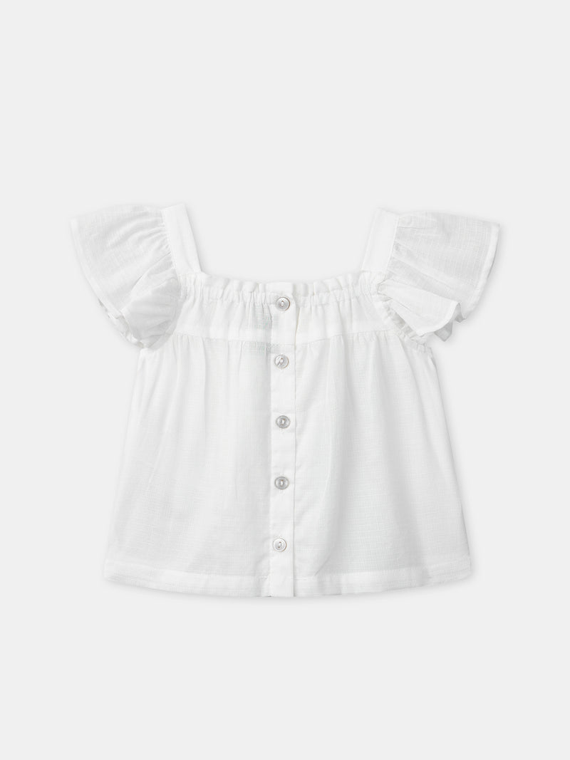 Blusa Ecru con Ricami di Fiori per Bambina