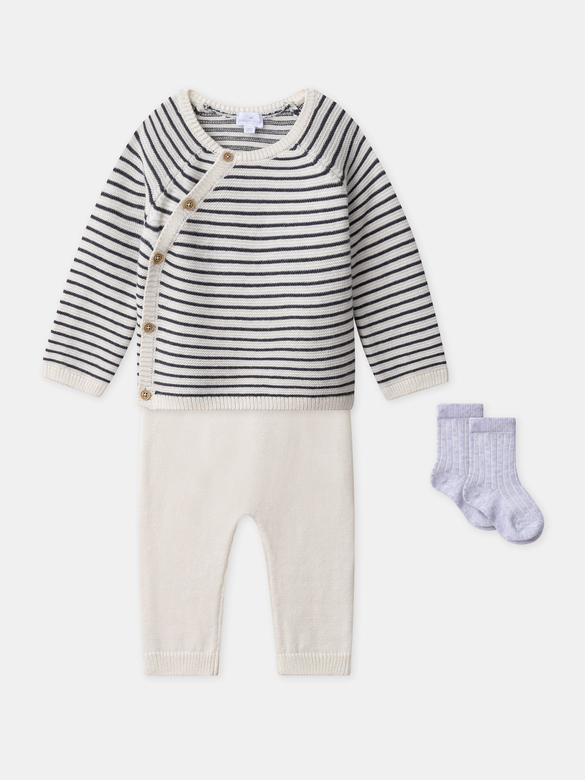 Set di maglieria con cardigan + pantaloni + calzini per nascita unisex