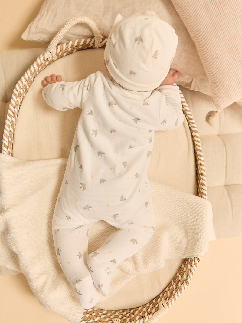 Grenouillère + bonnet écru imprimé oiseaux et lunes Naissance Mixte