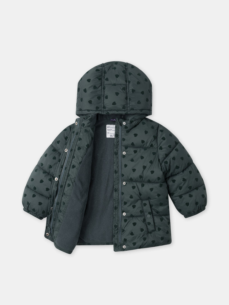 Giacca Piumino Verde Scuro con Stampa Cuore Bambina