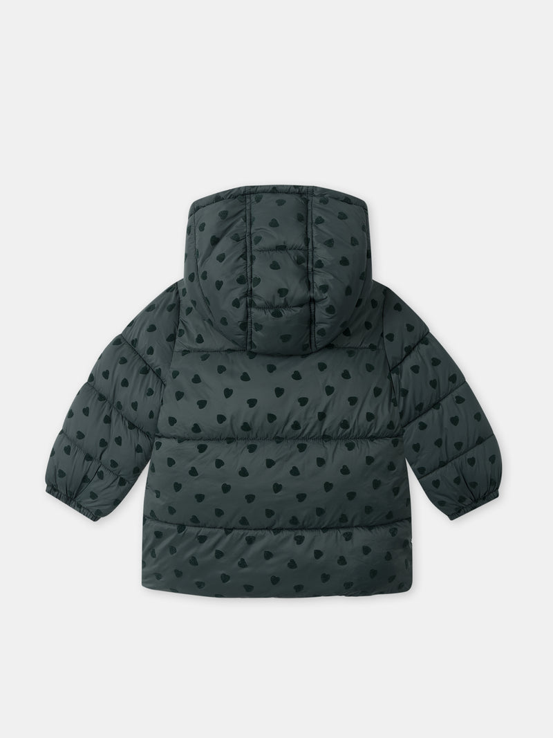 Giacca Piumino Verde Scuro con Stampa Cuore Bambina