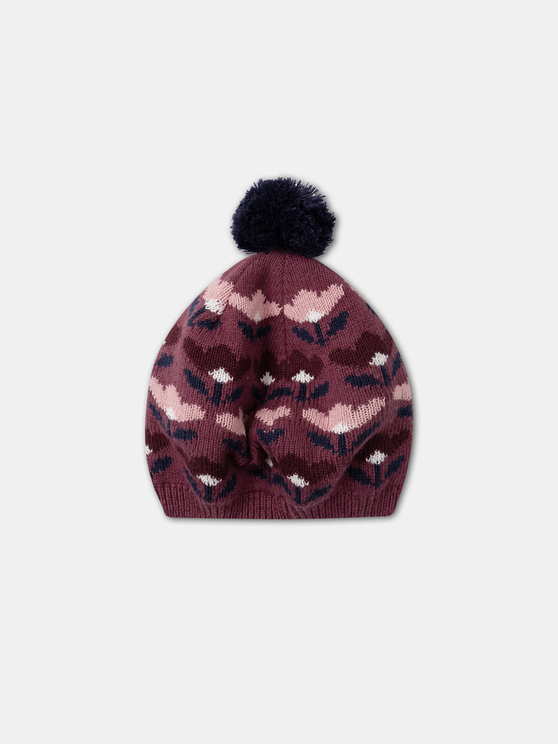 Berretto jacquard floreale con pompon Ragazza