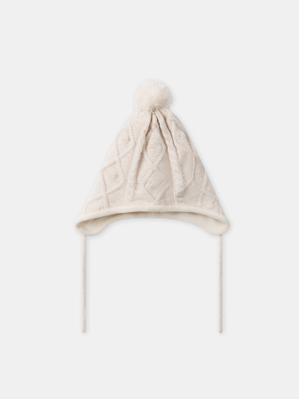 Cappello ecru ricci con pompom in pelliccia sintetica bambina