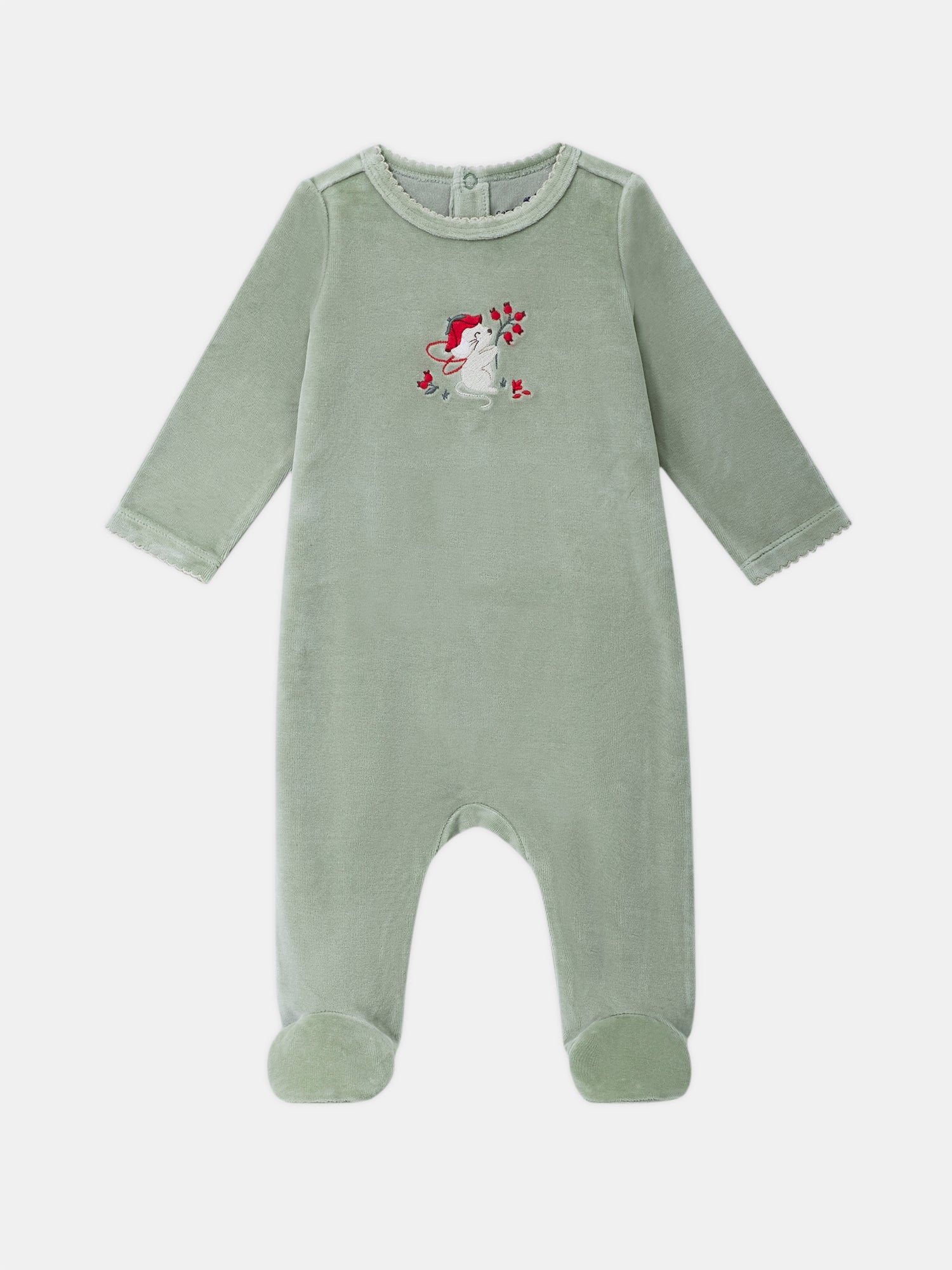 Tutina in velour verde salvia con ricamo di topo e frutti Bambina