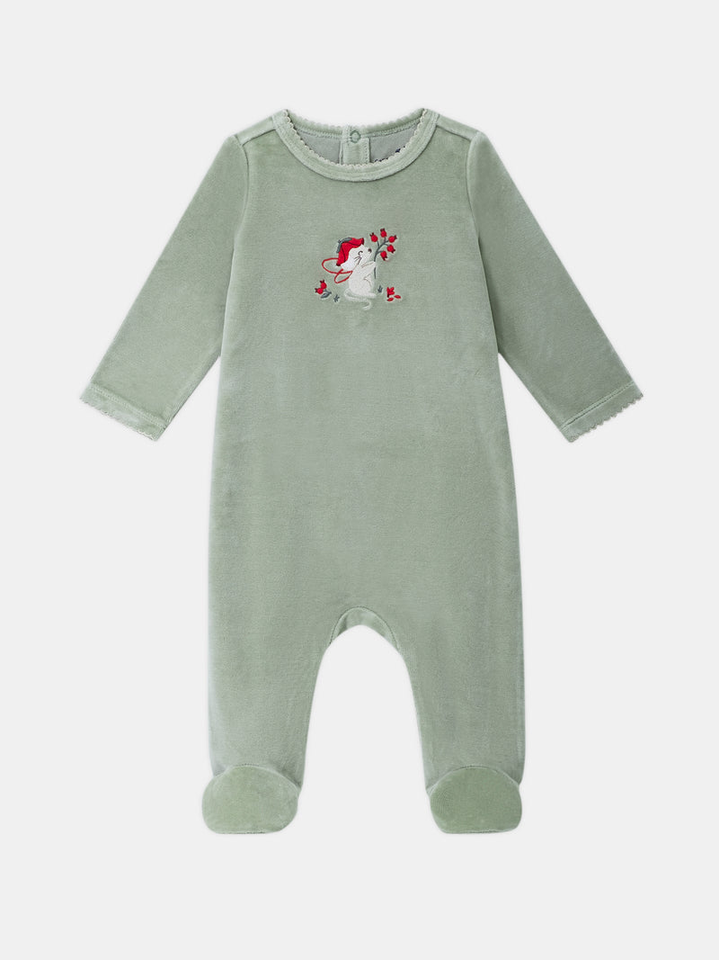 Tutina in velour verde salvia con ricamo di topo e frutti Bambina