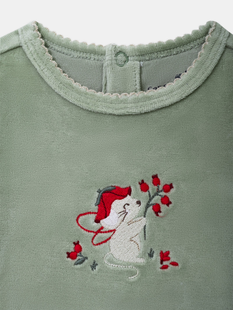 Tutina in velour verde salvia con ricamo di topo e frutti Bambina