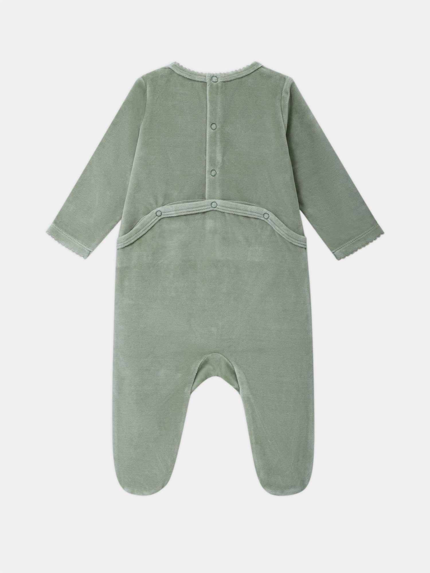 Tutina in velour verde salvia con ricamo di topo e frutti Bambina
