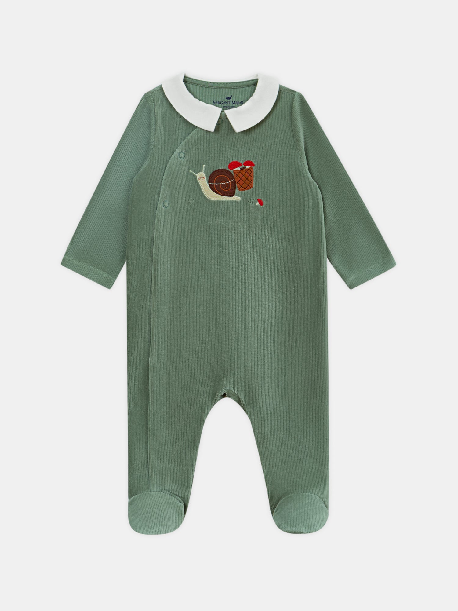 Tutina in velour verde grigiastro con ricamo a forma di lumaca Bambino