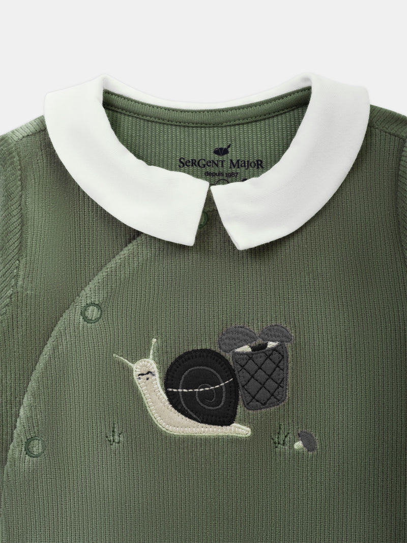 Tutina in velour verde grigiastro con ricamo a forma di lumaca Bambino