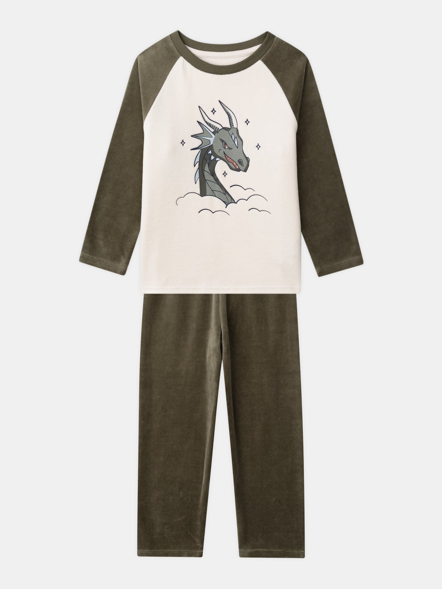 Pyjamas écru et kaki en velours imprimé dragon Garçon