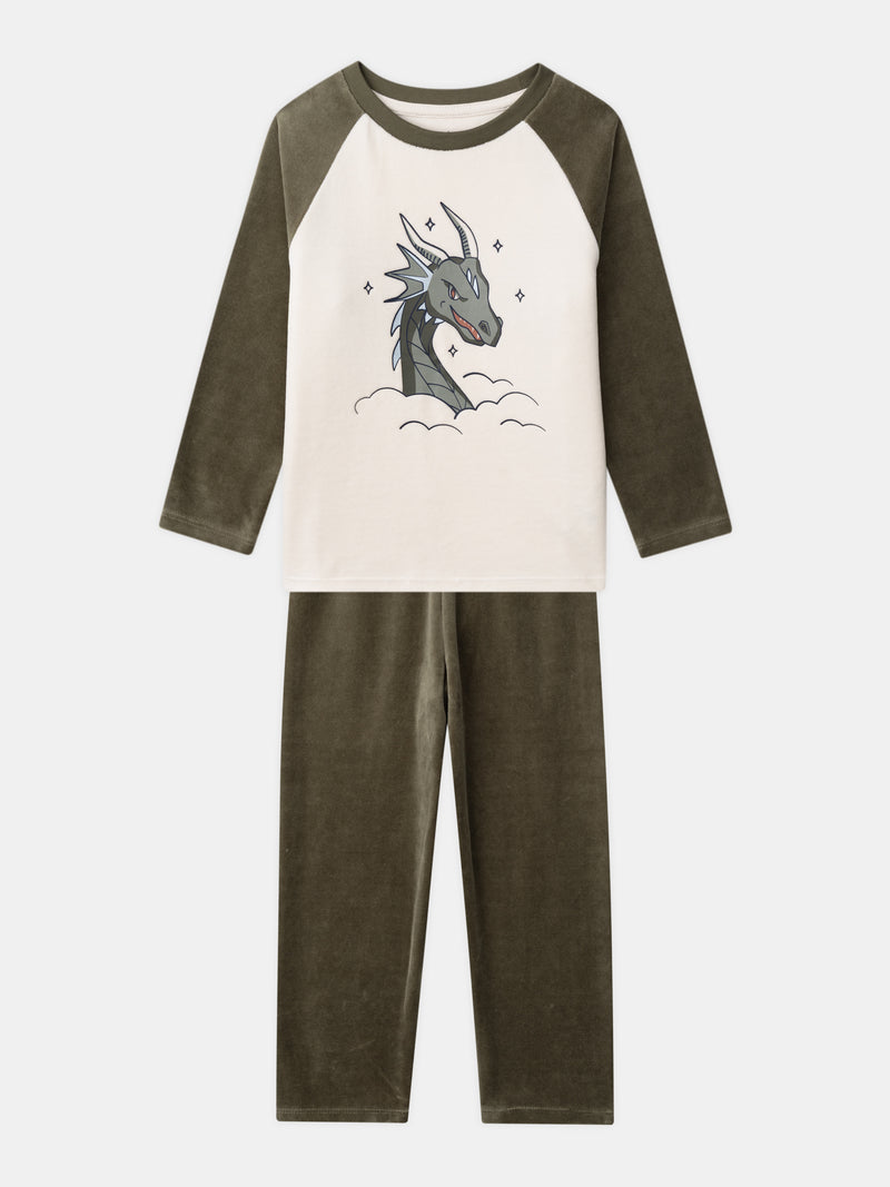 Pyjamas écru et kaki en velours imprimé dragon Garçon