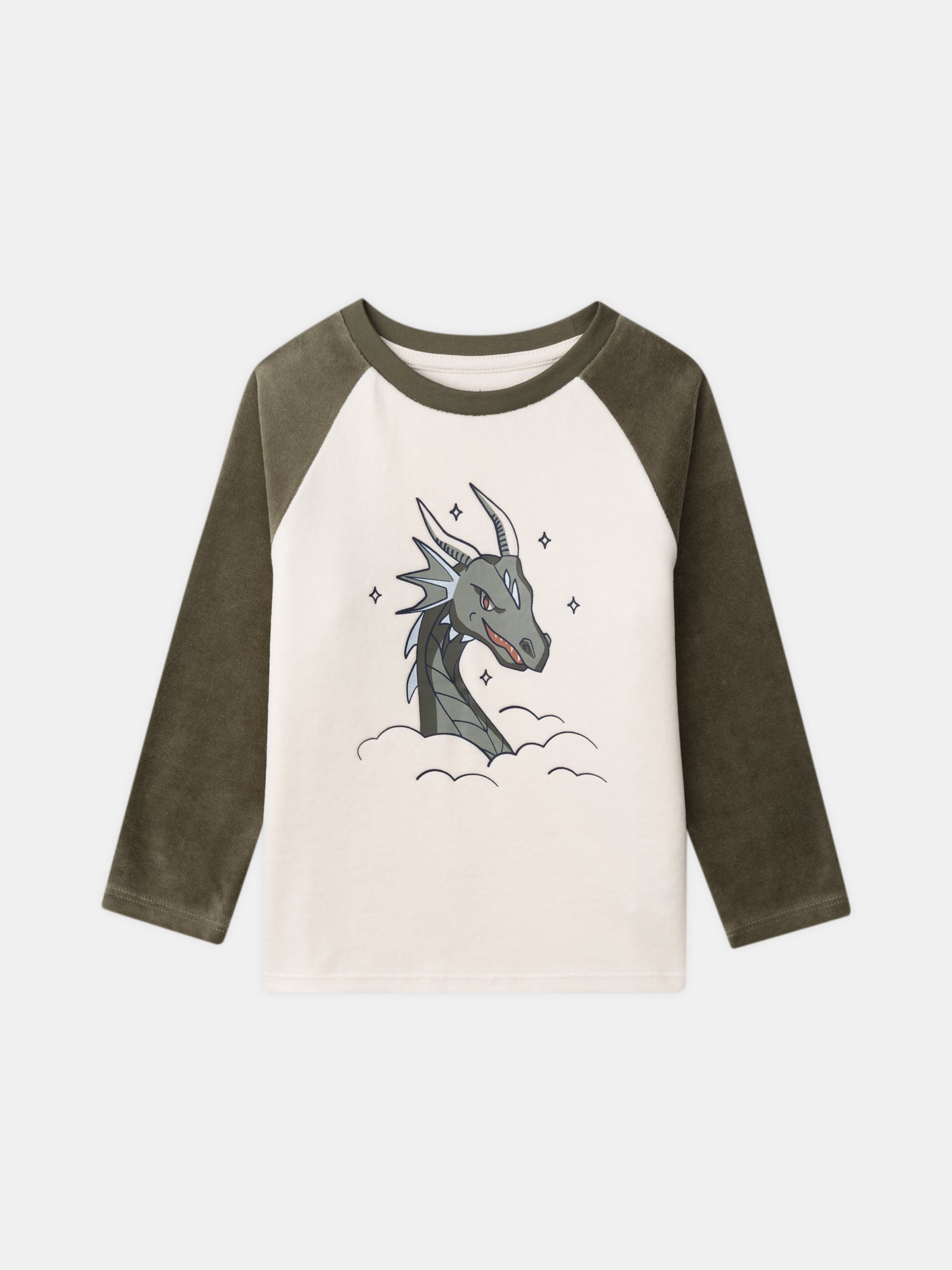 Pyjamas écru et kaki en velours imprimé dragon Garçon