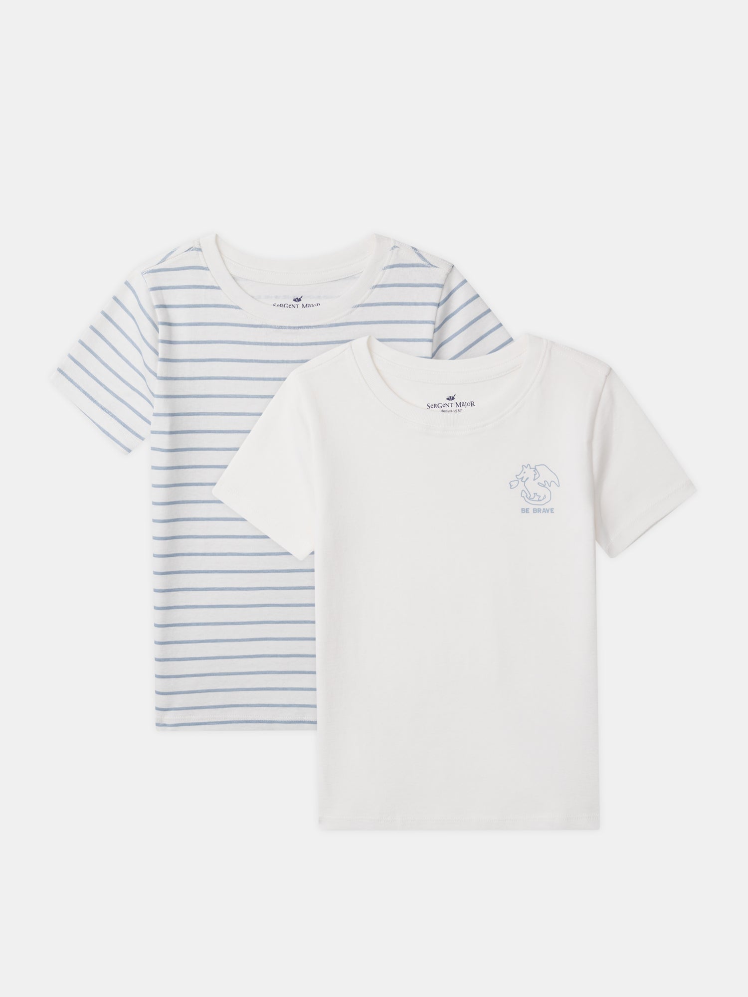 Set di 2 t-shirt ecru con stampa drago o a righe blu per ragazzi