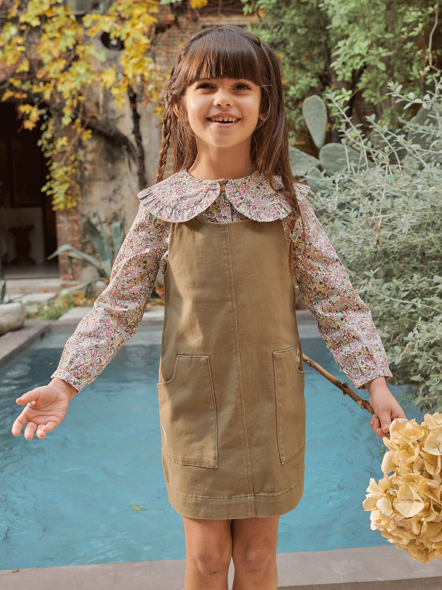 Abito salopette verde kaki twill motivi a fiori bambina Ragazza Sergent Major