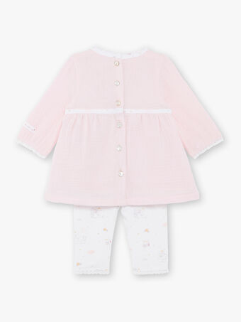Completo abito rosa chiaro in garza di cotone, leggings e fascia neonata ZOFIA / 21E0CFG2ENS301