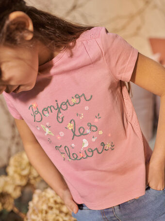 T-shirt rosa ricamata scritta a fiori fantasia bambina CETIETTE / 22E2PFB1TMC305