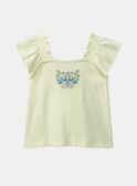 Maglietta a Coste Forate con Motivo Floreale e Uccelli Giallo pallido e blu KAUGENIE / 24E1BFR1TEE103