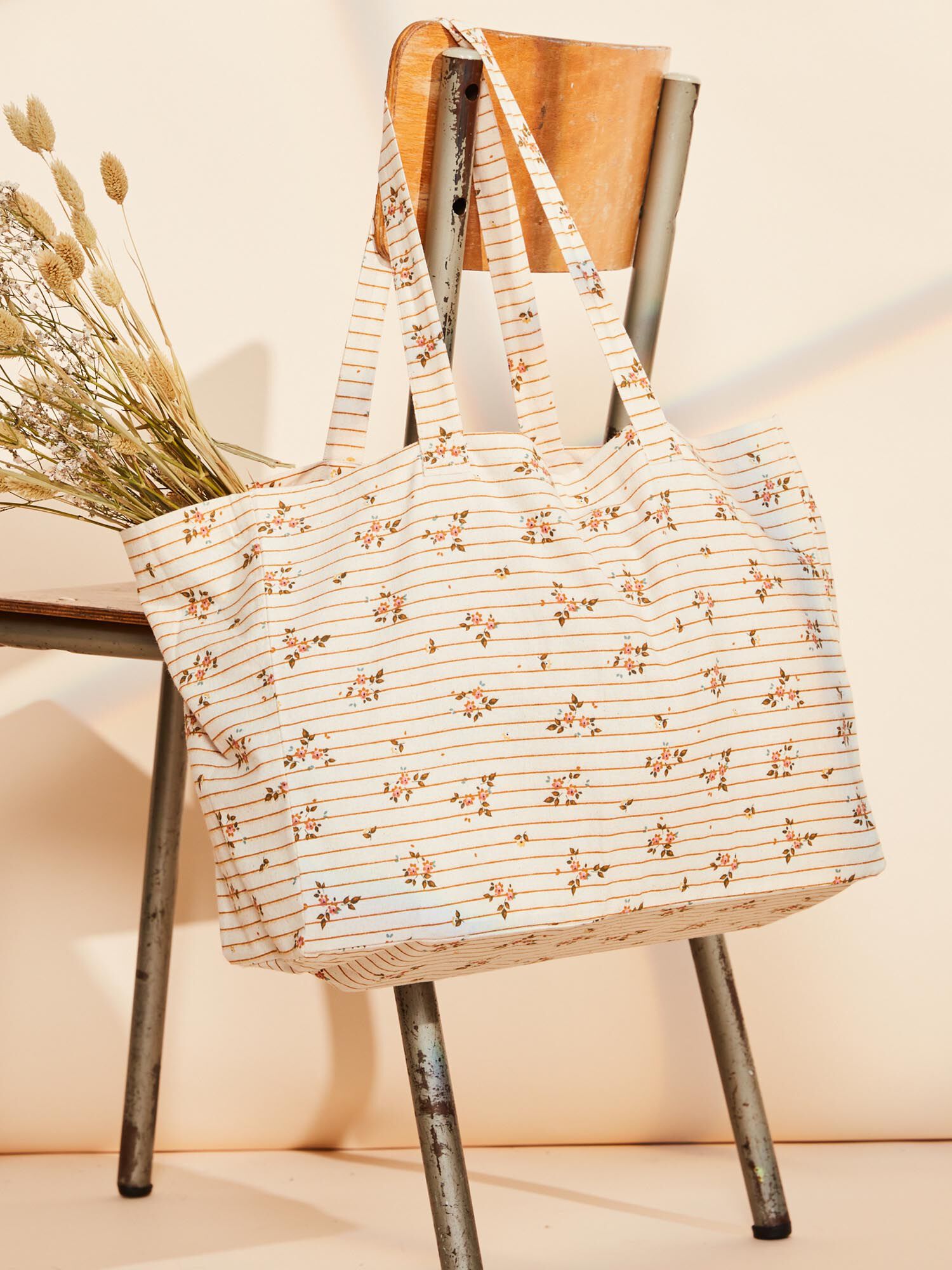 Borsa tote a righe e fiori color senape Ragazza Sergent Major