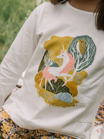 T-shirt ecrù con motivi unicorno e foresta DEBARETTE / 22H2PFD1TML001