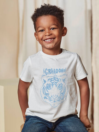 T-shirt ecrù e azzurra con motivo tigre testurizzato bambino CAZOTAGE3 / 22E3PGF1TMC001