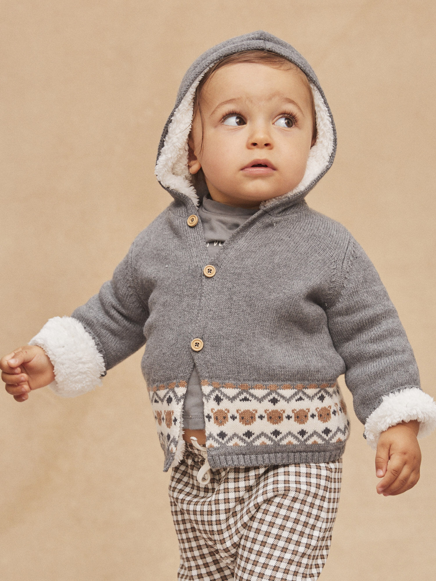 Cardigan con cappuccio grigio medio in maglia