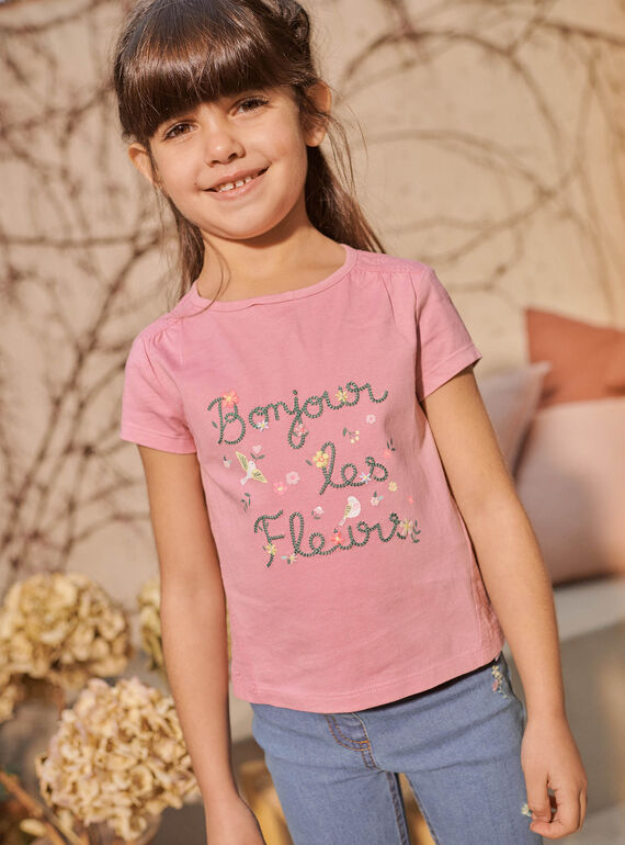T-shirt rosa ricamata scritta a fiori fantasia bambina CETIETTE / 22E2PFB1TMC305
