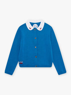Cardigan in maglia blu con colletto Peter Pan ricamato bambina CIMIETTE / 22E2PF81CAR208