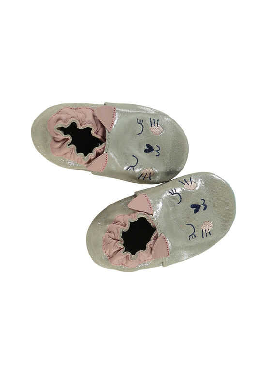 Scarpe pelle morbida glitterata beige con ricamo gatto neonata GNFCHAT / 19WK37Z2D3S080