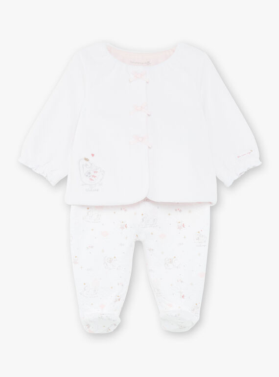 Completo cardigan in velluto fantasia e pantaloni in tubique ecrù neonata ZOLOUNA / 21E0NFG2ENS000