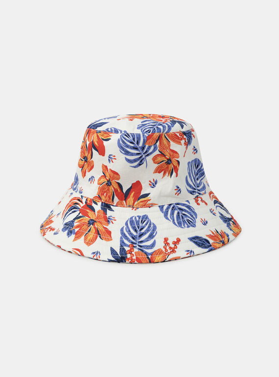 Cappello da pescatore bianco con stampa fiori tropicali arancione e blu KLOBOBETTE / 24E4PFS1CHA001
