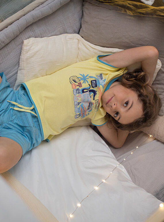Pigiama giallo fluo e blu con motivo coccodrillo in spiaggia bambino CAPLAGE / 22E5PG51PYJB113